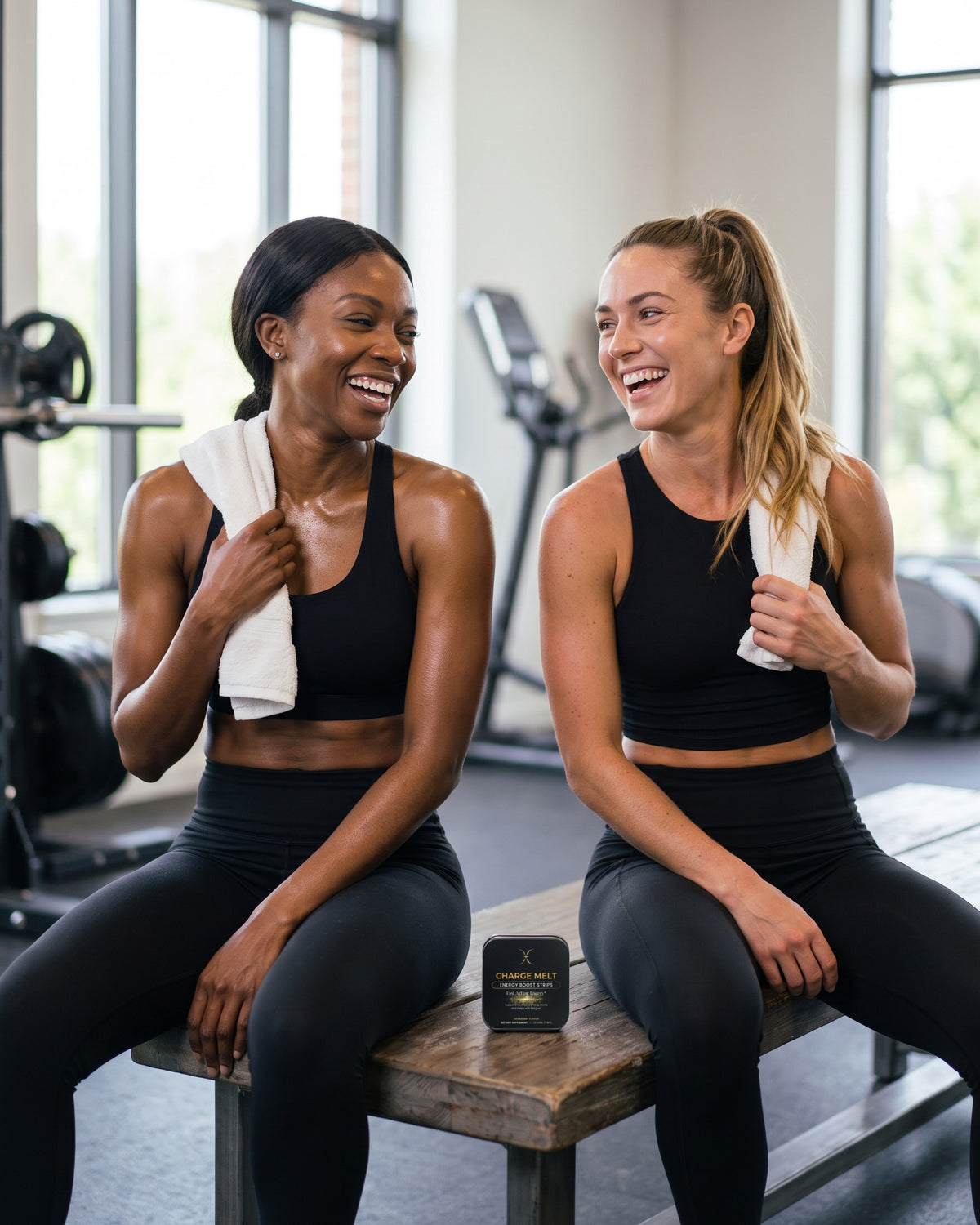 Two women laughing on a gym bench after a workout, CHARGE MELT tin between them