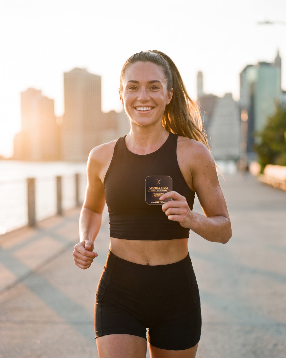 Woman running on a city waterfront path at sunrise with a CHARGE MELT tin