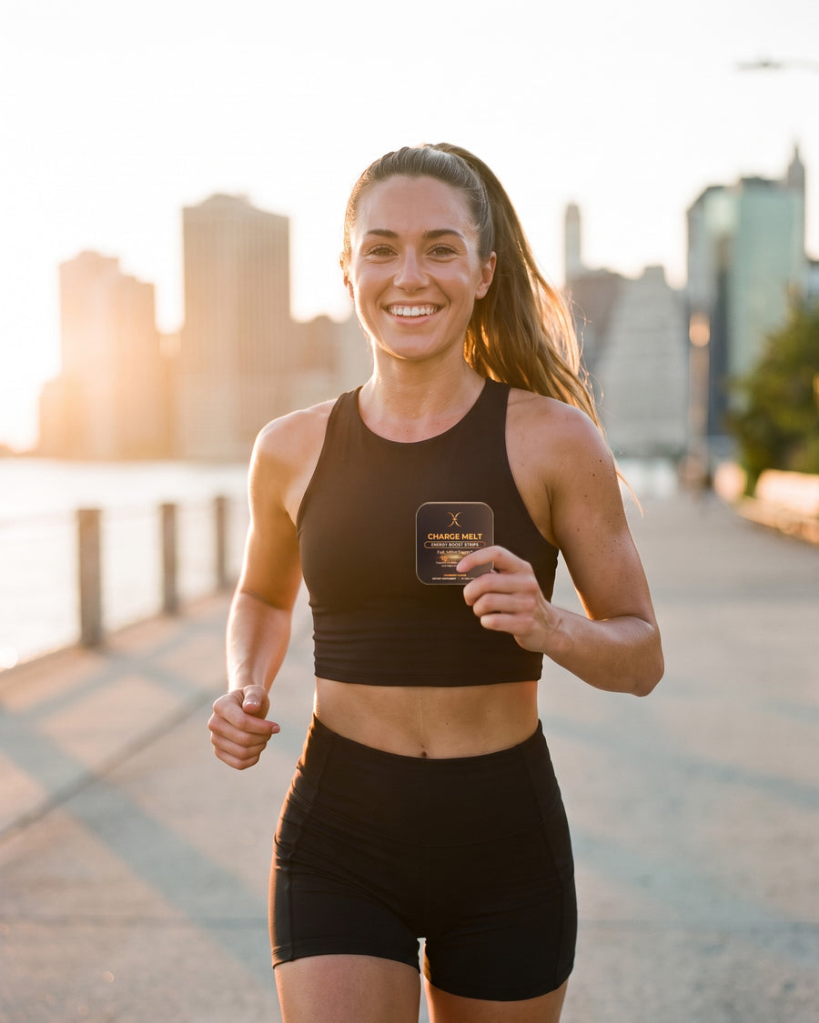 Woman running on a city waterfront path at sunrise with a CHARGE MELT tin