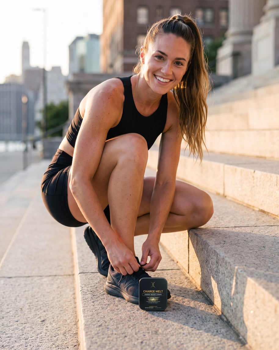 Woman lacing her running shoes on city steps, CHARGE MELT tin beside her shoe