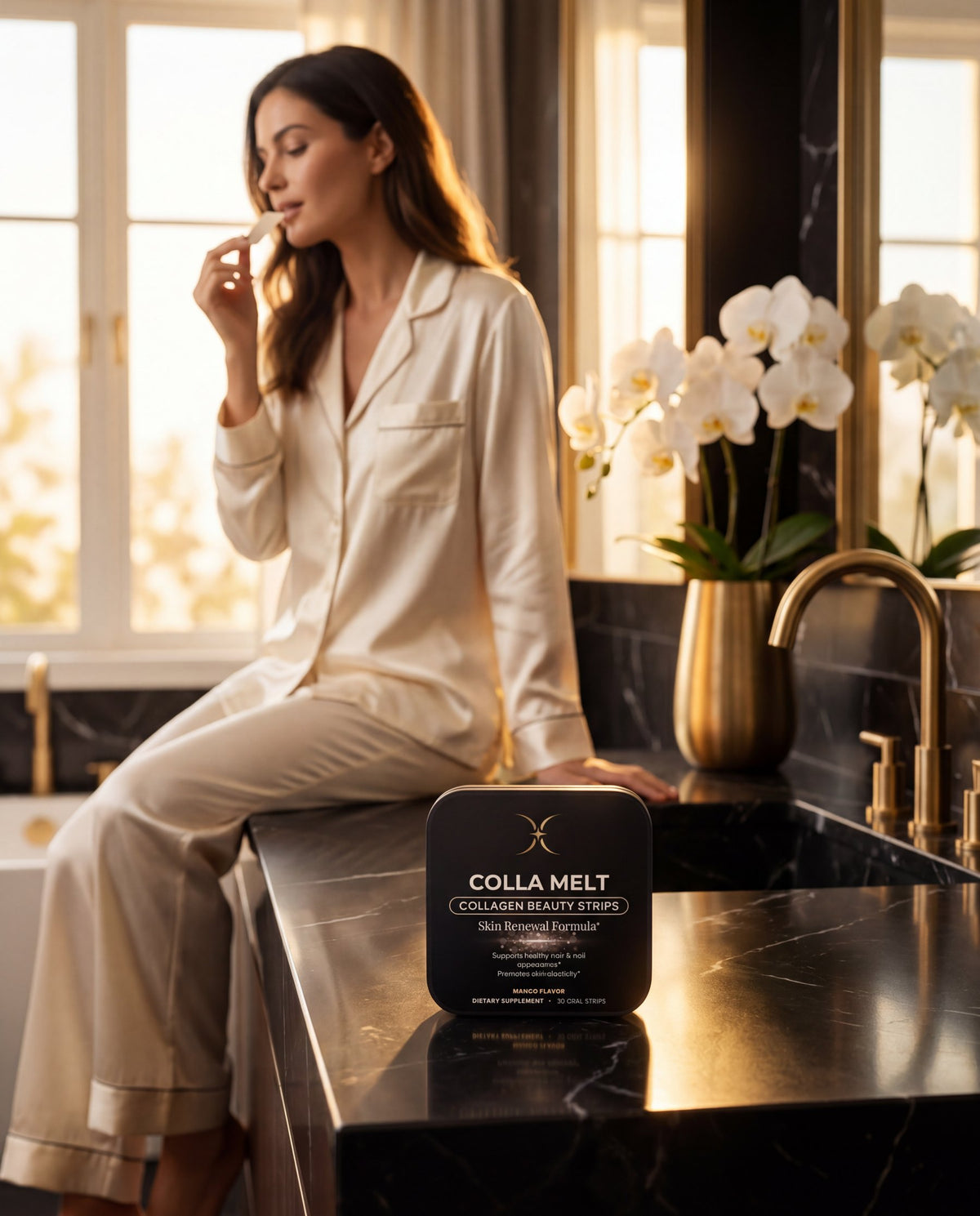 Woman at a black marble counter taking a COLLA MELT strip in morning light