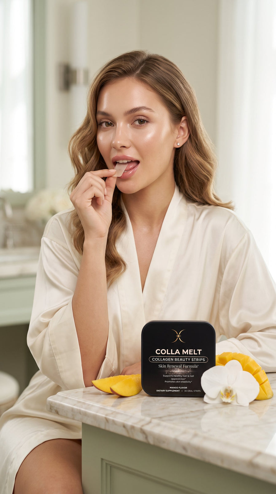 Woman in a silk robe placing a COLLA MELT strip on her tongue