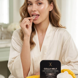 Woman in a silk robe placing a COLLA MELT strip on her tongue