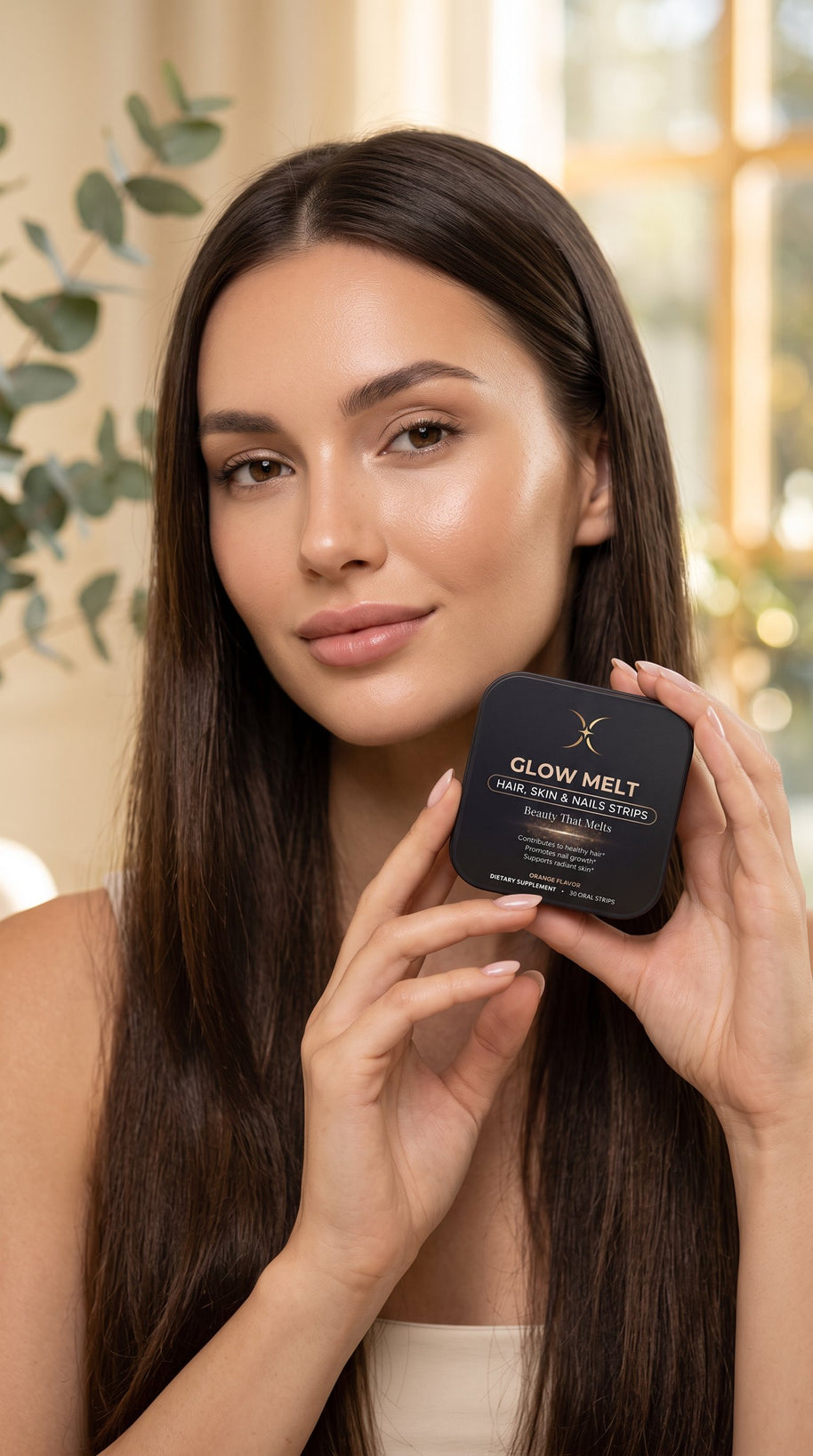 Woman with glowing skin holding a GLOW MELT tin