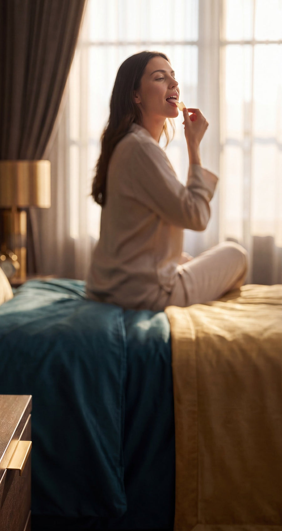 Woman in soft loungewear taking a RESET MELT strip on a slow morning