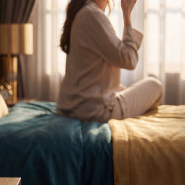 Woman in soft loungewear taking a RESET MELT strip on a slow morning