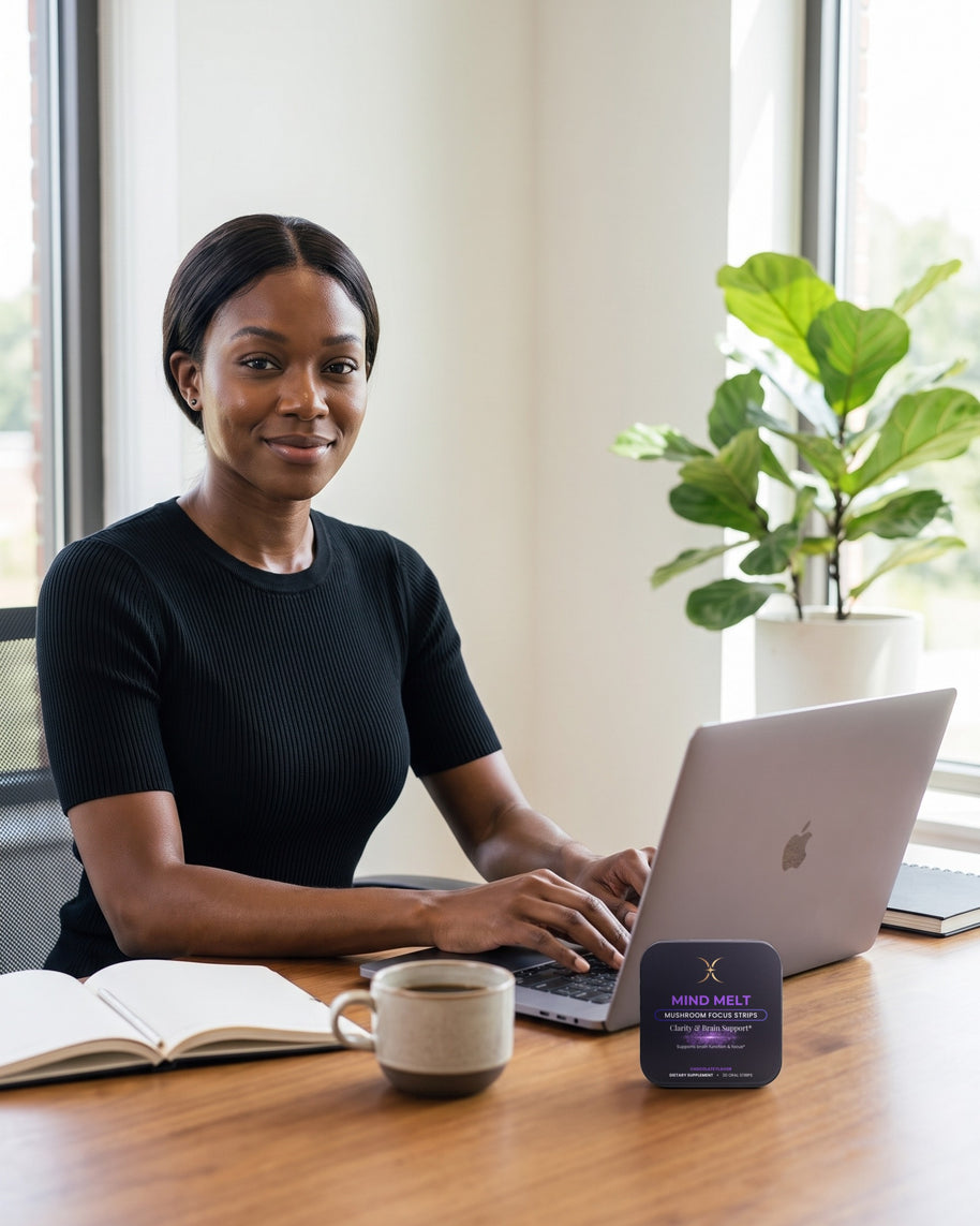 Woman working at a laptop in a bright home office with a MIND MELT tin on the desk