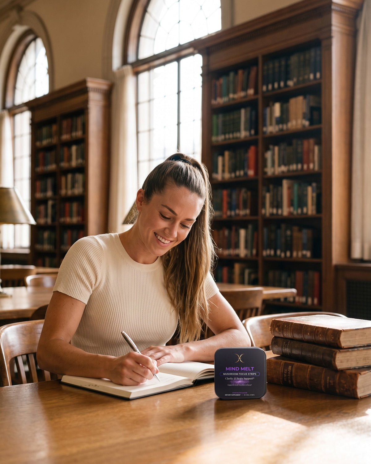 Woman writing notes in a library with a MIND MELT tin beside her notebook
