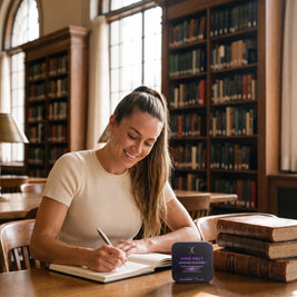 Woman writing notes in a library with a MIND MELT tin beside her notebook