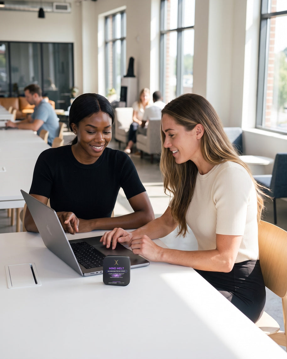 Two women working together on a laptop with a MIND MELT tin on the table